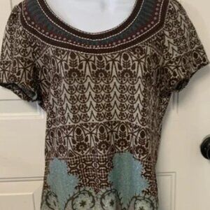 Papillon Multi-Color (Brown Teal Pink) Short Sleeve Floral & Paisley Print Dress